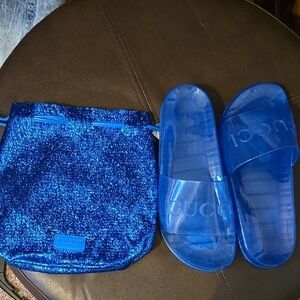 Gucci Vibrant Blue Slides and Sparkle Bag